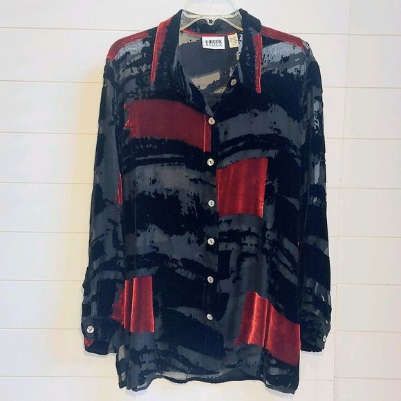 Chicos Design Burnt Velvet Silk Blend Shirt Women's Sz 3 Button Up Blouse Artsy - Picture 2 of 8